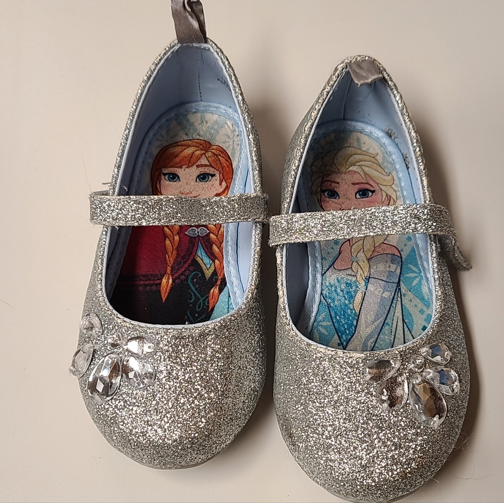 Girls Silver Glitter Mary Jane Shoes with Gem Detail Velcro Disney Frozen Elsa